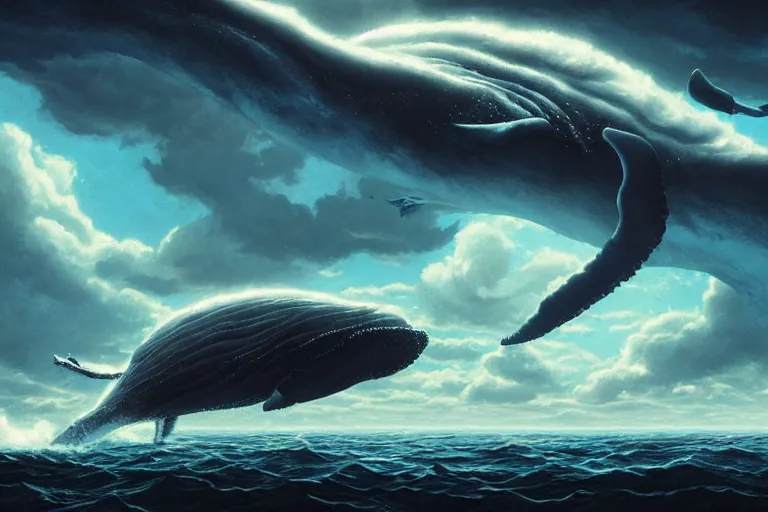 Prompt: whale flying through clouds, cinematic lighting, bioluminescent, dan mumford, artgerm, greg rutkowski, artstation