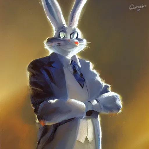 Image similar to a beautiful, soulful oil painting of bugs bunny by craig mullins