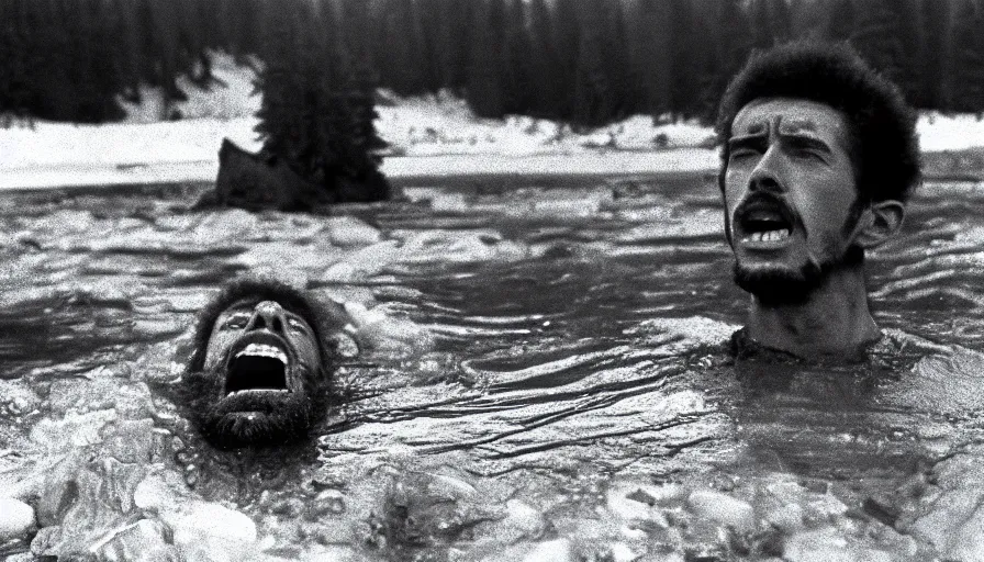 Image similar to 1 9 6 0 s movie still close up of skinny marcus aurelius with open mouth frozen to death in a river with gravel, pine forests, cinestill 8 0 0 t 3 5 mm b & w, high quality, heavy grain, high detail, texture, dramatic light, anamorphic, hyperrealistic, foggy