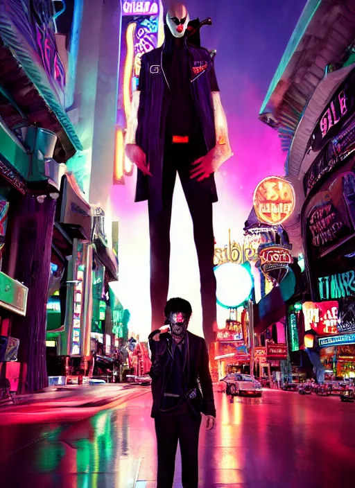 Image similar to 35mm kodak portra photograph of a shadowrun vampire on the Las Vegas strip at night by tomer hanuka and tom bagshaw, handsome face, blood, urban fantasy, hyper realism, high detail, octane render, 8k, trending on artstation, CGsociety, concept art