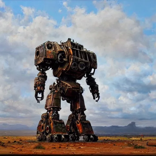 Prompt: oil painting of a huge rusting mech, that resembles a mechanical gorilla, highly detailed, complex, intricate by james gurney