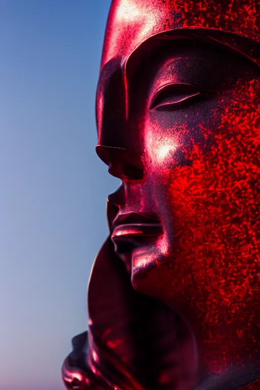 Image similar to polished black marble athena statue hiding his face under a red silkveil, sculpted by hedi xandt and bernini, epic and cinematic view, volummetric light, texturized, detailed, 8 k