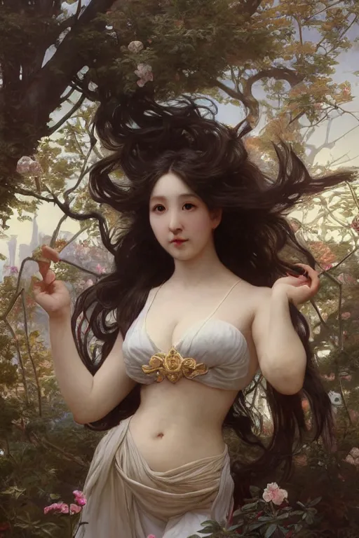 Prompt: Full View lovely maiden with the likeness of Eunha. masterpiece 4k digital illustration by Ruan Jia and Mandy Jurgens and Artgerm and william-adolphe bouguereau, award winning, Artstation, art nouveau aesthetic, Alphonse Mucha background, intricate details, realistic, panoramic view, Hyperdetailed, 8k resolution, intricate art nouveau