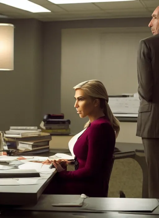 Image similar to a pov, color cinema film still of kim kardashian as kim wexler speaking to saul goodman at a desk, cinematic lighting, from better call saul.