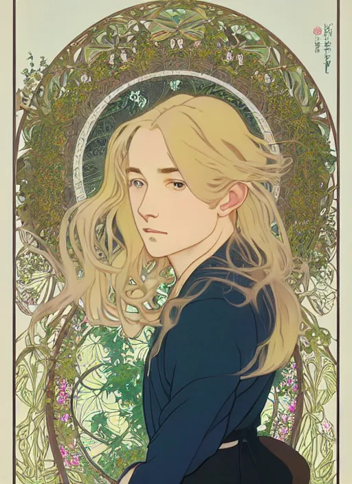 Image similar to pretty young man with shoulder length blond hair, half body shot, path traced, highly detailed, high quality, digital painting, by studio ghibli and alphonse mucha, leesha hannigan, hidari, art nouveau, chiho aoshima