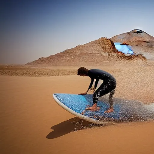 Image similar to 2 person surfing on wave made of comic dust located in desert nearby the pyramids