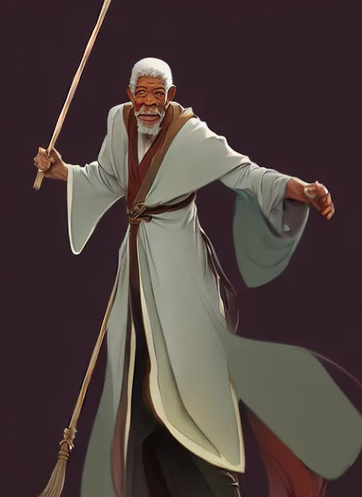 Prompt: elegant fantasy wizard based on morgan freeman holding a broom natural lighting, path traced, highly detailed, high quality, digital painting, by don bluth and ross tran and studio ghibli and alphonse mucha, artgerm