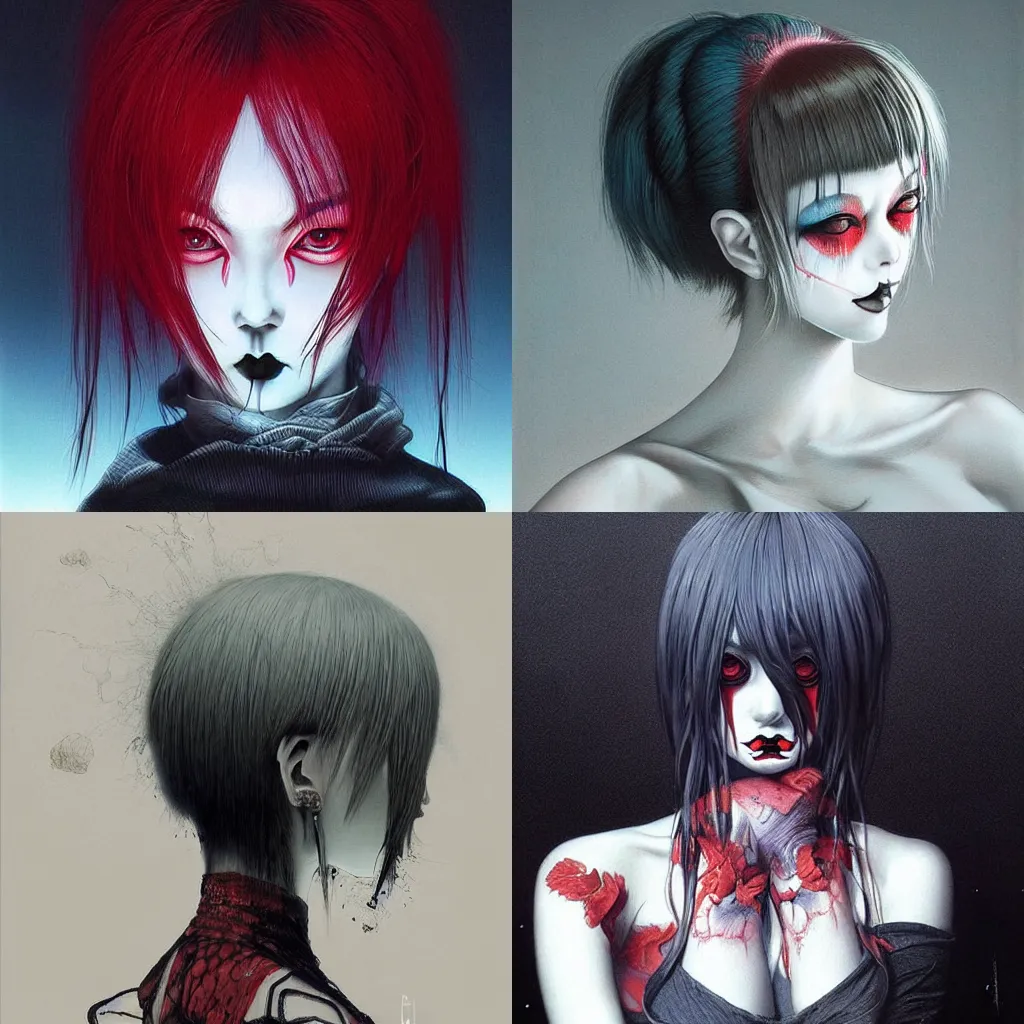 Prompt: beautiful! coherent! detailed! expert! professional manga portrait art of a goth clowngirl, painted by ilya kuvshinov!!! and zdzislaw beksinski