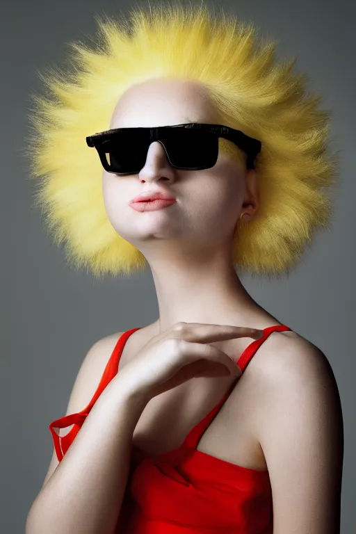 Prompt: studio portrait of girl that looks excactly like lisa simpson, lookalike, as if lisa simpson came to life, soft light, black background, fine details, close - up, award winning photo by martin schoeller
