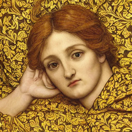 Image similar to preraphaelite photography reclining on bed, large eyes and nose and lips, big brown fringe, yellow ochre ornate medieval dress, william morris, 4 k