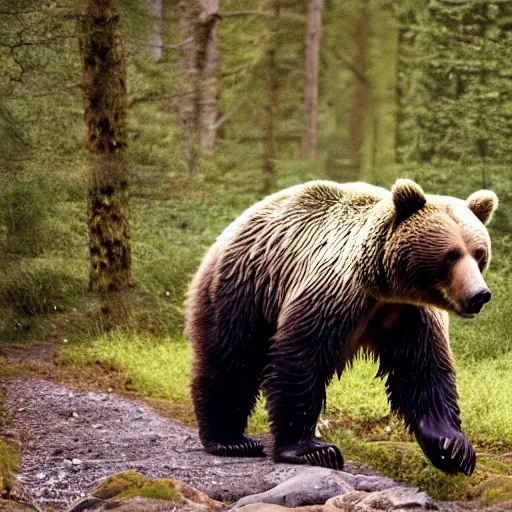 Image similar to a large grizzly bear monster running quickly through a woodland, magical forest, fantasy, Ireland, England, king Arthur, Lord of the rings, cinematic, realistic style, beautiful, majestic, dramatic lighting, early morning, dawn CGsociety, realistic, hyper maximalist, golden ratio, octane render, rule of thirds, wide shot , 8k resolution, epic volumetric light, cinematography, concept art, Artstation trending, environments, fantasy