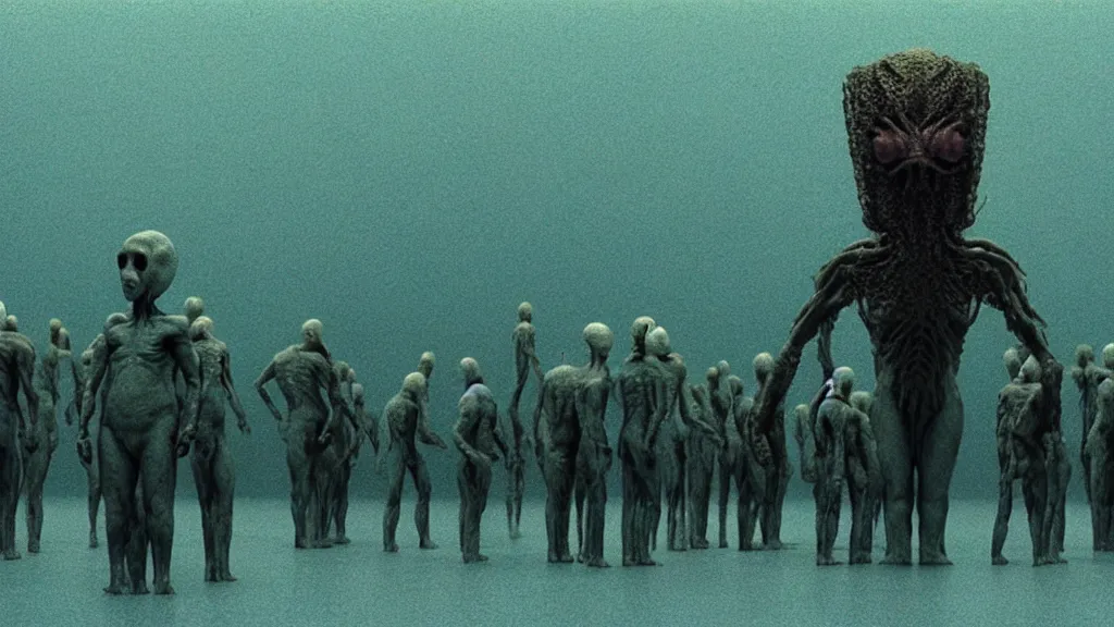 Image similar to the strange creature, made of milk and metal, we wait in line at the bank, film still from the movie directed by denis villeneuve and david cronenberg with art direction by salvador dali and zdzisław beksinski, wide lens