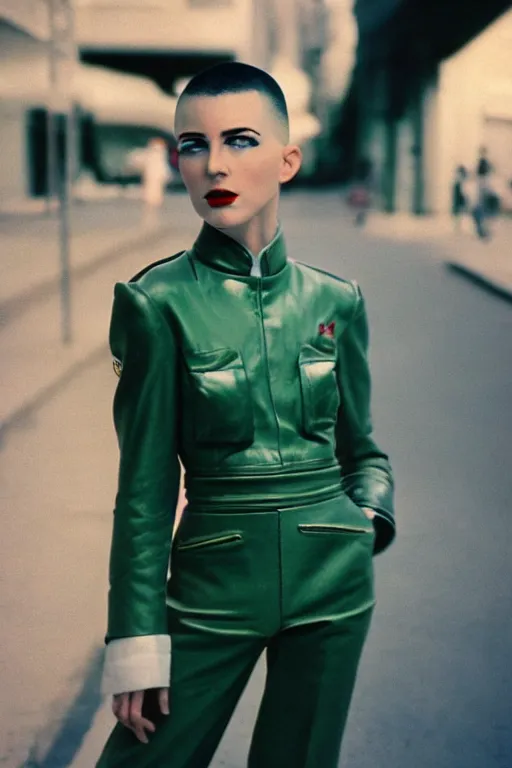 Prompt: ektachrome, 3 5 mm, highly detailed : incredibly realistic, perfect features, ultra feminine, buzz cut, beautiful three point perspective extreme closeup 3 / 4 portrait photo in style of chiaroscuro style 1 9 7 0 s frontiers in flight suit cosplay paris seinen manga street photography vogue fashion edition