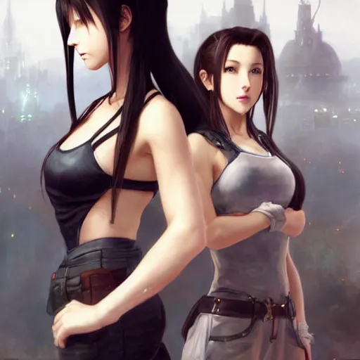 Prompt: a painted portrait of tifa lockhart and aerith gainsborough from final fantasy 7, standard clothing from the conceptual art, the midgard steam punk city as backdrop, by greg rutkowski, artgerm, wlop, ruan jia, krenz cushart, alphonse mucha, rain, fog, unreal engine 5