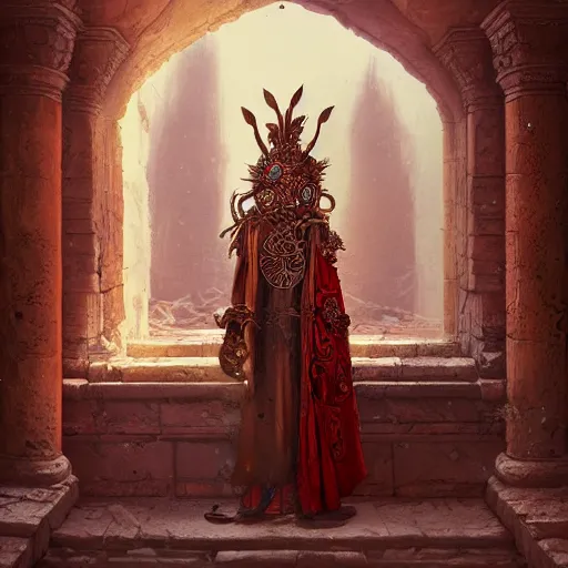 Image similar to alchemist wearing an ornate bronze headdress and red robes standing in a sandstone ruin intricate artwork by Tooth Wu and wlop and beeple and Dan Mumford. Octane render, trending on artstation, greg rutkowski very coherent symmetrical artwork. Cynematic, hyper realism, high detail 8k