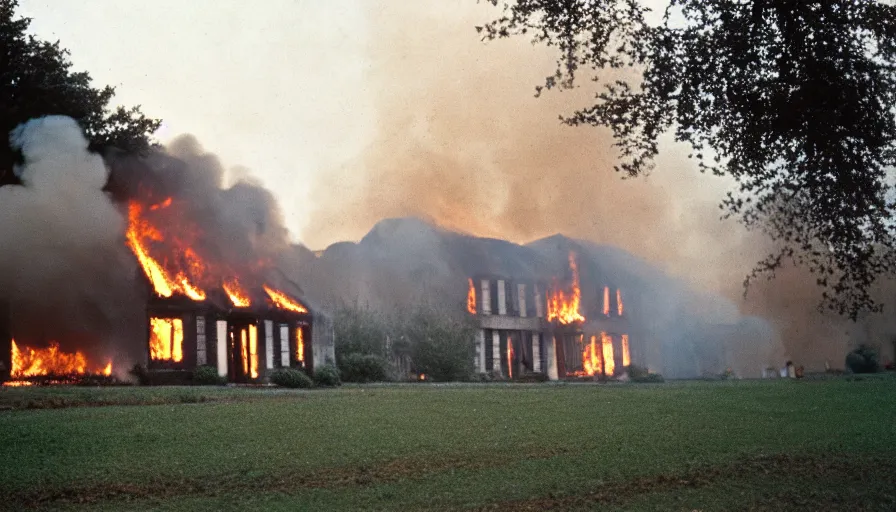 Image similar to 1 9 7 0 s movie still of a burning french style townhouse in a field, cinestill 8 0 0 t 3 5 mm, high quality, heavy grain, high detail, texture, dramatic light, ultra wide lens, panoramic anamorphic, hyperrealistic