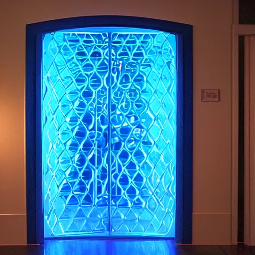 Image similar to a blue hexagonal door from the movie tron : legacy