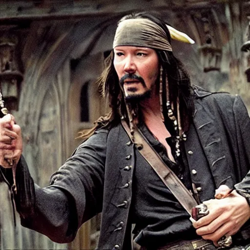 Prompt: a frame of Keanu Reeves in Pirates of the Caribbean