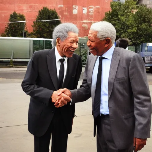 Image similar to morgan freeman meeting morgan freeman, sharp focus