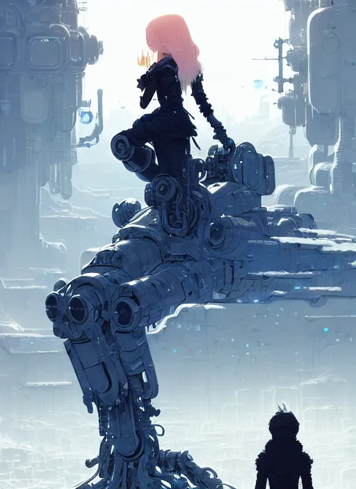 Image similar to highly detailed portrait of a hopeful frostpunk long blonde hair lady with mecha companion, stray wiring by atey ghailan, james gilleard, by joe fenton, by greg rutkowski, by greg tocchini, by kaethe butcher, 4 k resolution, gradient blue, black and white color scheme!!! ( ( glaciated dystopian city background ) )