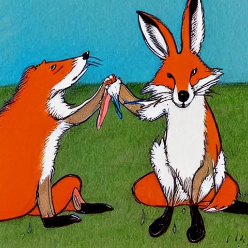 Image similar to ralph steadman style drawing of a fox and rabbit playing together, very detailed