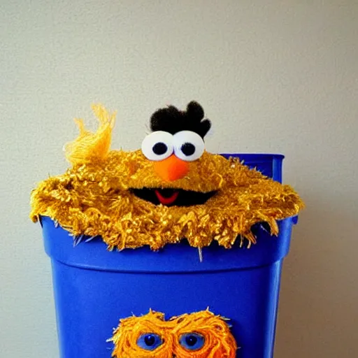 Image similar to oscar the grouch sesame street in a gold garbage can, yarn art