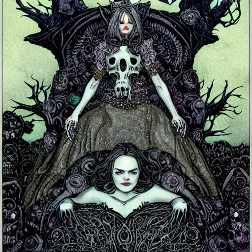 Image similar to the gothic wiccan beautiful queen witch occult woman sitting atop her throne made of skulls by gerald brom by anna steinbauer by kelly mckernan by edward gorey, trending on artstation