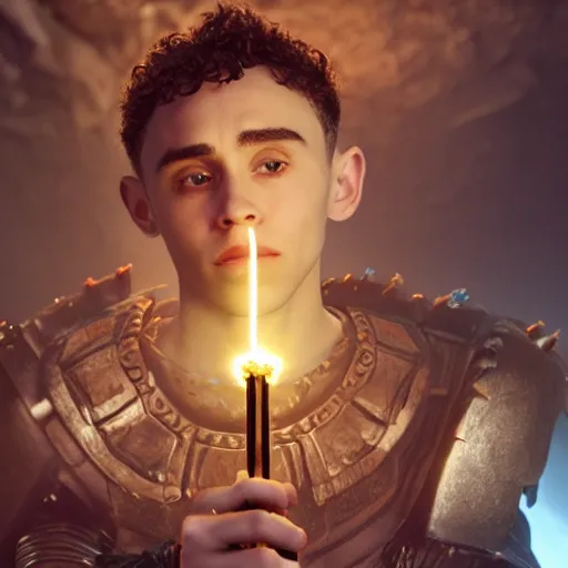 Prompt: Olly Alexander wearing a barbarian tunic, holding a small glowing red magical wand with electrical bolts emitting from it. In a cave made of ice. Trending on Artstation, octane render, ultra detailed, art by Ross tran