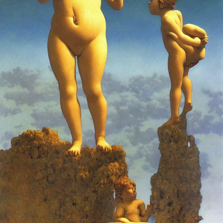 Prompt: A Monumental Public Sculpture of a 'Giant Baby made of Coral Staring upward' on a pedestal by the lake, surreal oil painting by Maxfield Parrish and Max Ernst shocking detail hyperrealistic!! Cinematic lighting