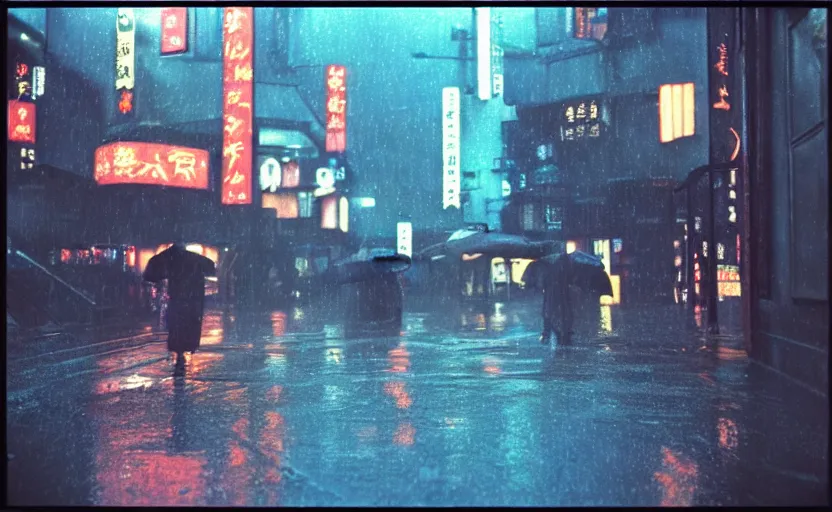 Image similar to Lumière Autochrome, rain falling on Neo-Tokyo 20XX