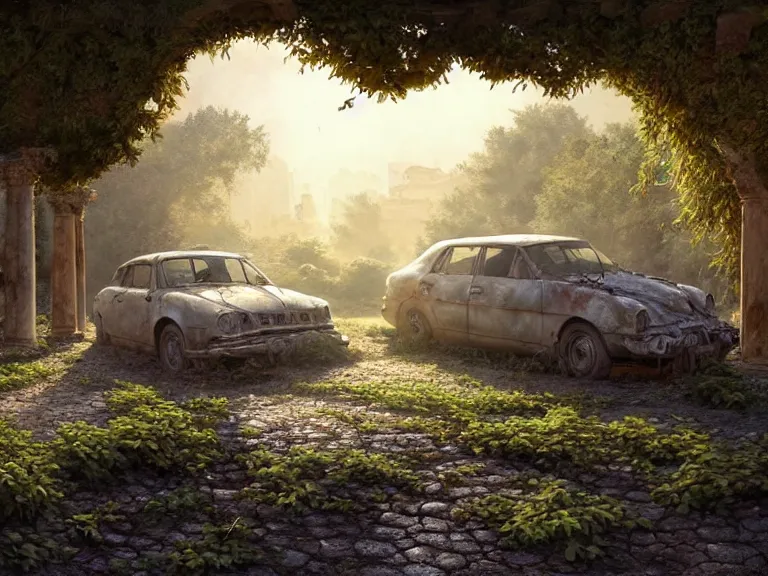 Image similar to a tree growing on a scrap car in ancient greek ruins, gray wasteland, many overgrown scrap cars, overgrown pillars and arches, vines, flowers, hyperrealistic, highly detailed, cinematic, ray of golden sunlight, beautiful, cgsociety, artstation, 8 k, oil painting by greg rutkowski, by artgerm, by wlop