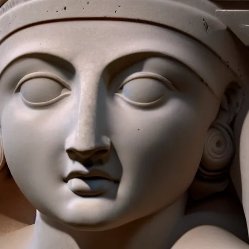 Image similar to close up of an ancient greek statue of a female goddess, highly detailed, hd, photorealism, brutalism, broken, rendered in cinema 4 d