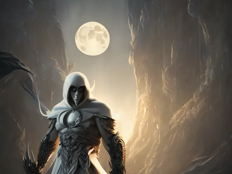 Prompt: moon knight mixed with elf, rpg reference, oil painting, trending on artstation, octane render, insanely detailed, 8 k, hd