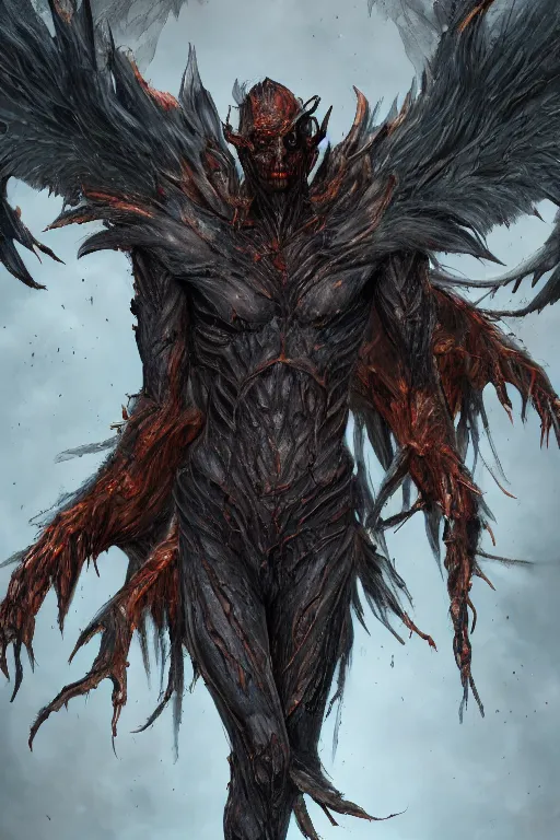 Image similar to character design, wraith rising from ember ashes, tattered demonic wings, ultra detailed, digital art, 8k ,character ,realistic, portrait, hyperrealistic