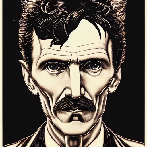 Image similar to portrait of nikola tesla, symmetrical, by yoichi hatakenaka, masamune shirow, josan gonzales and dan mumford, ayami kojima, takato yamamoto, barclay shaw, karol bak, yukito kishiro