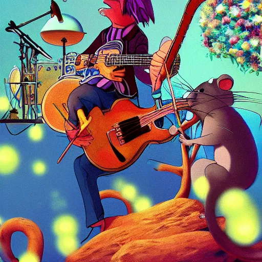 Prompt: rats playing in a rock band inspired by the beatles, beautiful, dreamlike, wholesome, ghibli and disney animation, sharp, intricated, art by ken anderson and mel shaw, bloom, dramatic lighting, brown palette,