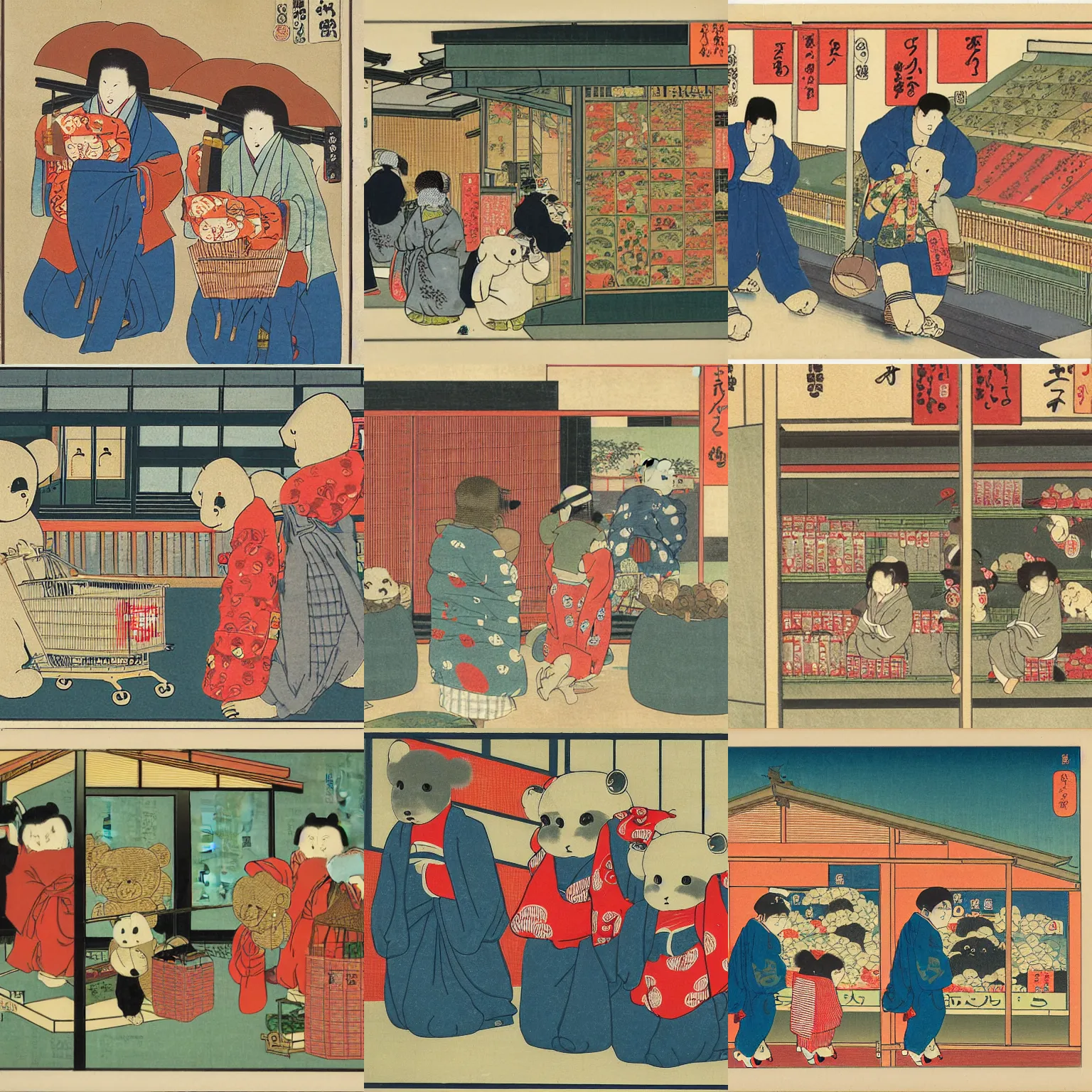 Prompt: teddy bears shopping for groceries in japan, ukiyo - e