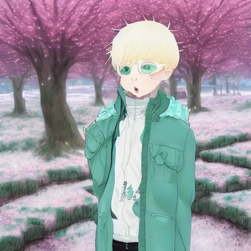 Image similar to aesthetic portrait commission of a albino male anthro liger under a cherry blossom tree bubble filled while wearing a cute mint colored cozy soft pastel winter outfit with pearls on it, winter atmosphere. character design by artgerm, and makoto shinkai, detailed, inked, western comic book art, 2 0 2 0 award winning painting