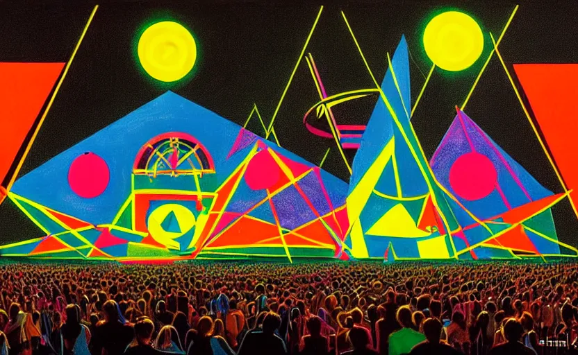 Image similar to geometric neon painting of tomorrowland by hieronymus bosch