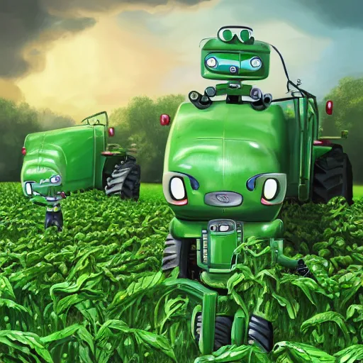 Prompt: green agricultural transformers with doraemon face and wings in the corn field, the upper body of bodybuilder, taller than human, droid, robots, humanoid, farming, highly detailed, digital painting, agricultural tractor, artstation, concept art, smooth, sharp focus, illustration, art by artgerm and greg rutkowski, unreal engine