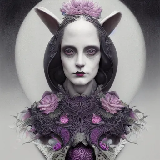 Image similar to tom bagshaw, soft painting fractal curiosities carnival, very beautiful female rabbit hybrid in full ornated nightshade gothic dress, partial symmetry accurate features, focus, very intricate ultrafine details, black white purple volumetric clouds, award winning masterpiece, octane render 8 k hd