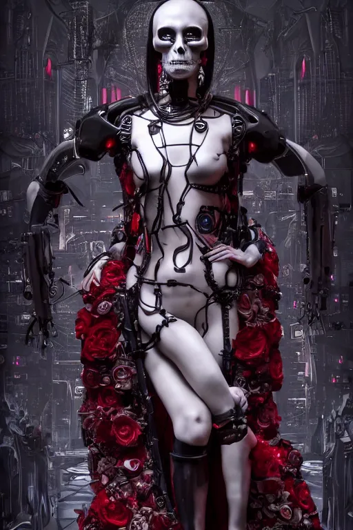 Image similar to full-body cyberpunk style sculpture of a young beautiful dark priestess, half android with a head opening exposing circuitry, glowing red eyes, black roses, flowing blood red colored silk, fabric, candles. baroque elements, human skull. full-length view. baroque element. intricate artwork by Caravaggio. crows flying in background. Trending on artstation, octane render, cinematic lighting from the right, hyper realism, octane render, 8k, depth of field, 3D