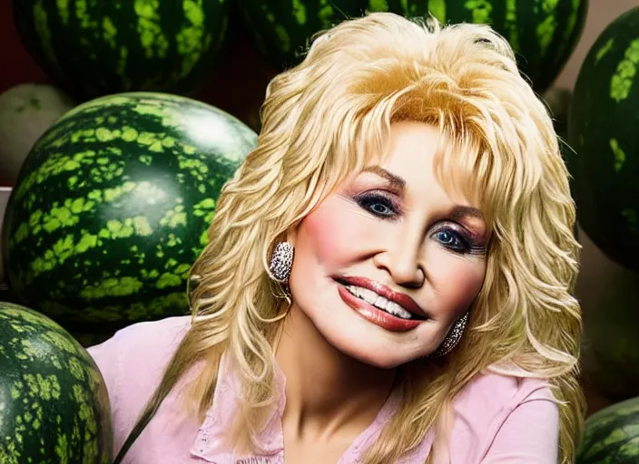 Image similar to studio portrait photo still of 2 0 year old dolly parton!!!!!!!! at age 2 0 2 0 years old 2 0 years of age!!!!!!! surrounded by watermelons, 8 k, 8 5 mm f 1. 8, studio lighting, rim light, right side key light