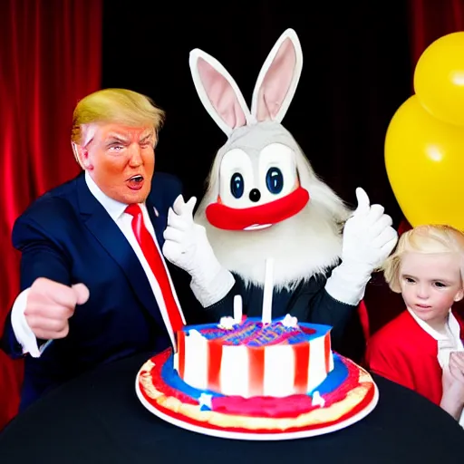 Image similar to professional photography Donald Trump cosplay as Bugs Bunny spying on children at a birthday party, high quality, good lighting,