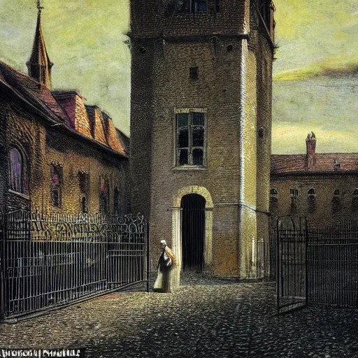 Prompt: cloaked detective walking into open wrought iron gates of a mental asylum, a menacing tower looms over the courtyard, and an evening sun bathes the cobblestone in a warm glow by Francis Bacon, fantasy, victorian theme