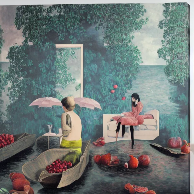 Image similar to painting of flood waters inside an apartment, tall female emo art student, a river flooding indoors, pomegranates, pigs, ikebana, water, river, rapids, waterfall, black swans, canoe, berries, acrylic on canvas, surrealist, by magritte and monet