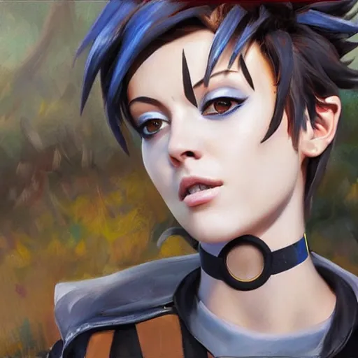 prompthunt: beautiful oil painting of tracer from the game overwatch in the  style of mark arian, standing alone in grassy field, smiling while the sun  shines down, feminine face, light rays, radiant