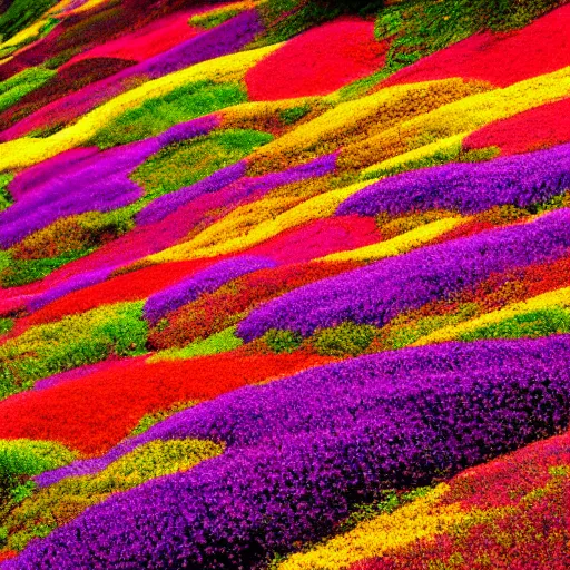 Prompt: a hill with flowers, colors red, yellow, purple, Photoshot, realistic