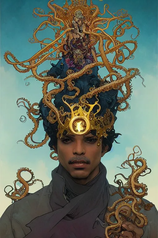 Prompt: Prince and the revolution , a golden crown floating above his head, tentacles coming out the ground art by Artgerm and Greg Rutkowski and Alphonse Mucha and Craig Mullins and James Jean and Andrei Riabovitchev and Marc Simonetti and peter mohrbacher, sharp focus, ominous, cosmic horror, trending on artstation, Ultra detailed, hyper realistic 4k