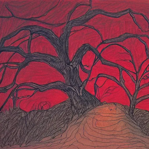 Image similar to drawing of nature after humanity has been extinct outsider art style red ballpoint pen
